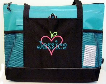 Free shipping - Personalized Teacher Tote Bag - Apple Books Heart - monogrammed