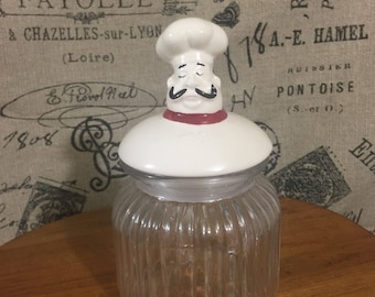 Vintage chef ceramic and ribbed glass canister, jar, kitchen storage. Lid is supplied with gasket. Very good condition