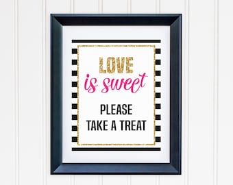 Love is Sweet Take A Treat Printable - Black and White Striped - Inspired Wedding, Engagement, Bridal Shower, Bachelorette Party