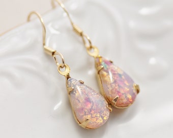Vintage Fire Opal Earrings, Petite Vintage Glass Harlequin Opal Earrings, Teardrop. Gold Filled, Birthstone, Shabby Chic