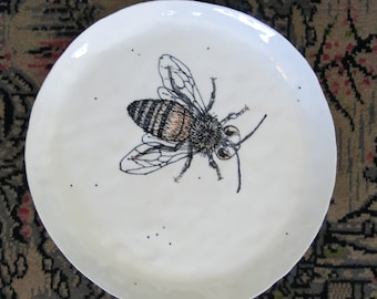 Ceramic Woodland Honey Bee Plate Hand Drawn Fine Art Plate One of a Kind Gift Idea Home Decor, Handmade Artisan Pottery by Licia Lucas Pfadt