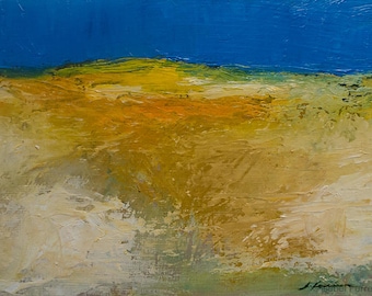 Original Landscape oil painting, abstract colorful landscape, ALENTEJO BLUE, texture, atmospheric, modern art, 5x7 inches
