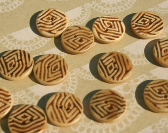 Wood Buttons - Tribal Print Bulk Sewing Wooden Button - 13/16" Wide - 12 Buttons