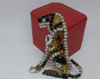 Vintage Amber and Jet Rhinestone Dog Brooch, Vintage Rhinestone Dog Brooch, Crystal Pronged Brooch, Juliana-like Pooled Backing and Clasp