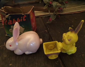 Old Antique Easter Toys Pink Rabbit & Yellow Rabbit Hard Plastic Old Box