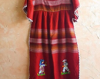 Embroidered Guatemalan Dress Caftan Boho House Dress Hippie Red Dress Bright Traditional Weave Cotton Frida Kahlo Perfect Gift For Yourself