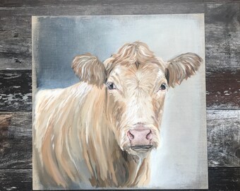 Original acrylic, Charolais Cow painting, cow, cow art, animal art, art canvas, small painting, white cow art, animal art, linen canvas
