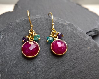 Genuine ruby earrings, gold vermeil earrings, gemstone earrings, ruby drop earrings, dainty earrings, gift, gift for her