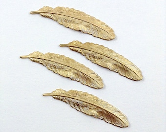 Raw Brass Feather, Brass Feather, Feather Stamping 12mm x 53mm - 4 pcs. (r180)