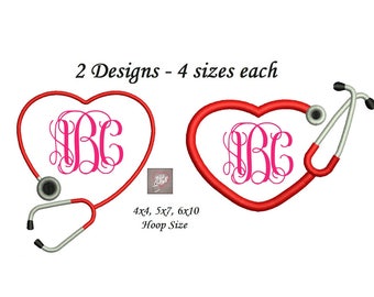 Medical Embroidery Design - 2 designs instant download - 4 sizes each 4x4, 5x7, 6x10 Heart Stethoscope Embroidery Design