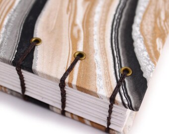 Unlined Journal - Lay Flat Journal - Black and Gold Marbled/Marbelized Paper - 160 pages - handbound by Ruth Bleakley