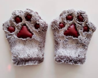 Grey Tipped Cat Paw Gloves for kids and adults, Hand Sewn Fur Mittens