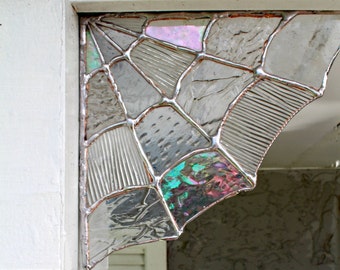 Stained Glass Spider Web Corner,Home decor, Garden decor,spider web decor, halloween decor, stained glass,garden, corners, magical, unique