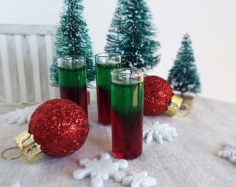 Miniature Gel CANDLE Christmas Red & Green in GLASS Column for Holiday Decorating - Miniatures for 1:6 Scale Fashion Dolls and Figures