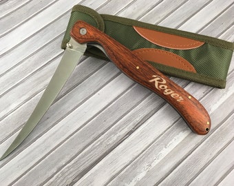 Engraved Folding Fillet Knife, with Rosewood Handle & Stainless Steel Blade - Personalized Fishing Knife - Free Laser Engraving