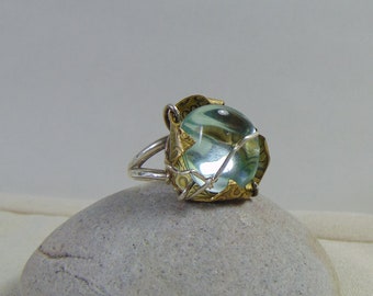 Sterling Silver n Brass w Aqua Glass Crystal Ring