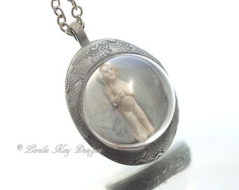 Tiny Frozen Charlotte Doll Necklace Doll Under Glass Dome One-of-a-Kind Assemblage Pendant Lorelie Kay Original