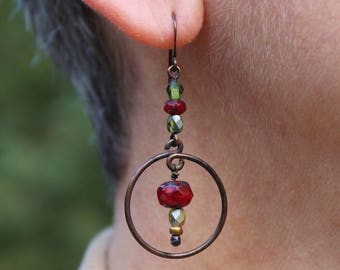 Boho Hoop Earrings, Boho Hoops, Boho Jewelry, Czech Glass Earrings, Copper Earrings, Copper Jewelry, Christmas Earrings, Hoop Earring, Hoops