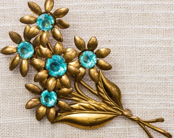Gold & Aqua Blue Vintage Flower Brooch 1930s - 1940s Art Deco Broach Vtg Pin 7ii