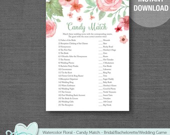 Watercolor Floral Candy Match Game Printable, Instant Download, Bridal Shower Game, Bachelorette Party Game, Lingerie Shower, Wedding, 005A