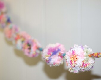 Pastel Pom Pom Garland with Paper Beads (8) 2 inch Pom Poms - Pom Banner - Pom Pom Garland - Party Garland - Nursery Garland