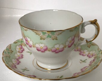 Tuscan Tea Cup and Saucer in pink and mint green, perfect vintage gift very collectible and perfect for afternoon tea