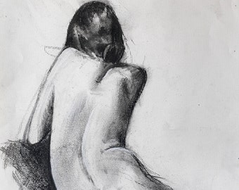 Woman figure drawing large digital print from original charcoal drawing by artist Vernon Grant 15" x 20" Pensive, on quality Epson paper