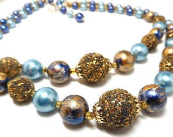 Blue and Gold Bead Necklace Vintage 60s double strand gold glitter Fantastic Style 16"