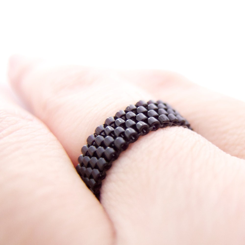 Skinny Black Ring Black Beaded Ring Black Stacking Ring