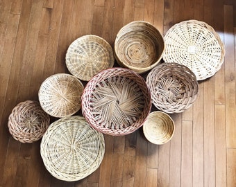 9 Hanging Woven Wall Baskets / Vintage Rattan Baskets / Wicker Baskets / Jungalow Decor / Bohemian Decor / Boho Wall Art / Tribal Eclectic