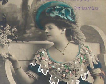 1907 French postcard, Lady with green hat. RPPC real photo postcard, paper ephemera