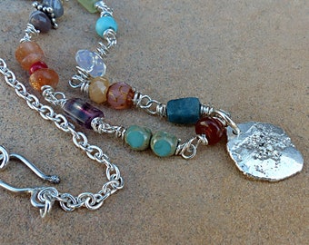 Multi Color Gemstones & Bead Necklace.Rustic Sterling Silver Leaf Shape Medallion.Silver chain.Rustic Boho Tribal Southwest Style Jewelry