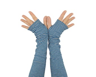 Arm Warmers in Blue and Grey Thin Stripes - Cotton Fingerless Gloves - Sleeves