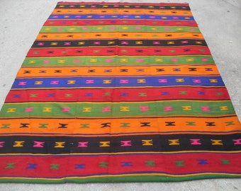 Colorful Kilim, Vintage Turkish rug, rugs, 72" x 112", bright colored area rug, vintage rug, bohemian rug, eccentric rug, rugs, green rug
