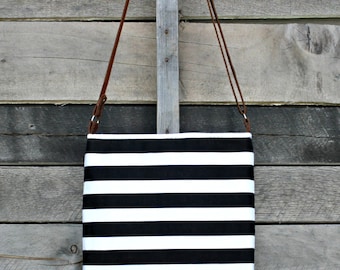 Crossbody Bag, Black and White Stripe, Genuine Leather, Everyday Purse, Adjustable Strap