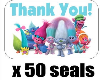 50 Trolls Thank You Envelope Seals / Labels / Stickers, 1" by 1.5"