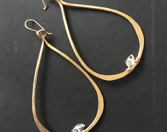 Tear Drop Hoops Large Hoops Brass Hoops Hammered Hoops Herkimer Diamond Earrings DanielleRoseBean Dangle Hoop Earrings Dangle Earrings