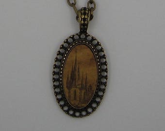 Castle necklace, antiqued gold tone,princess,queen