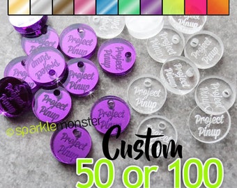 Custom Jewelry Tags - circle shaped, CHOOSE 1 COLOR, qty 50 or 100, clear, mirrored, neon, your text, engraved