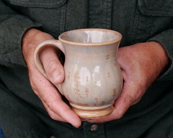 12 oz Mug, Mottled Toffee Drip Mug, Base of tan, Pearly Tan Overlay, Natural Patina High Fire Stoneware, Hand Painted, Ready To Ship