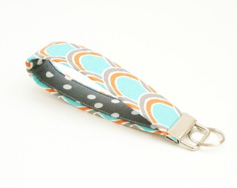 Key Fob Wristlet - Aqua, Gray, and Orange Key Fob - 5 Inch Cute Fabric Key Chain - Loop Key Fob - Coworker Gift - Short Key Strap - Keychain