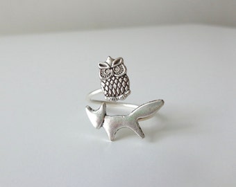 Silver owl ring with a fox, adjustable ring, animal ring, silver ring, statement ring