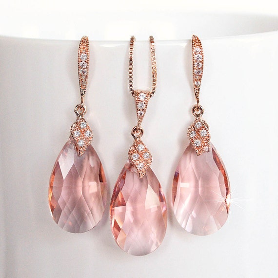 Blush Soft Peach Pear Crystal & Rose Gold Necklace Earrings
