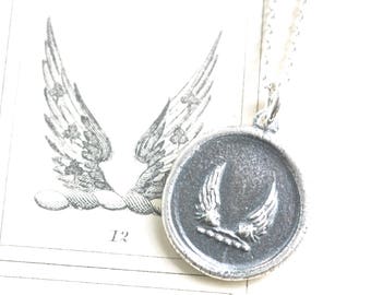 wings wax seal necklace - soar, swiftness, protection - inspirational gift - sterling silver antique wax seal jewelry