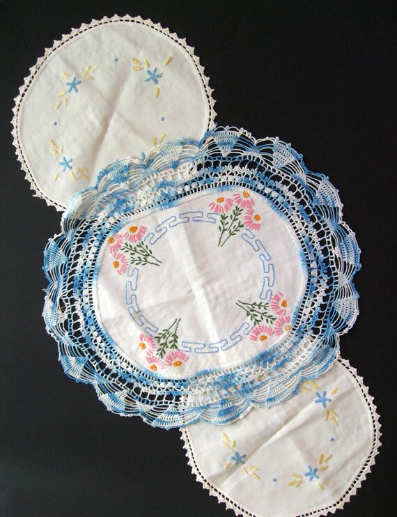 3 piece set doilies dresser scarves. hand embroidered and