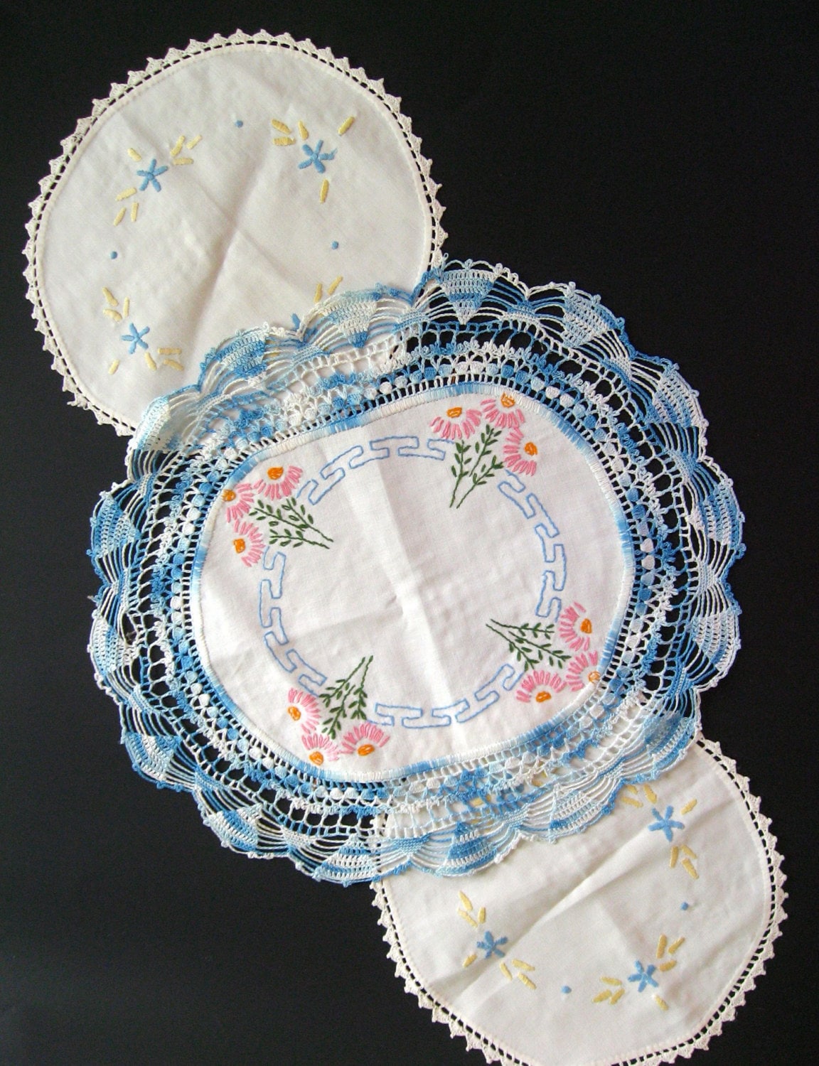 3 piece set doilies dresser scarves. hand embroidered and