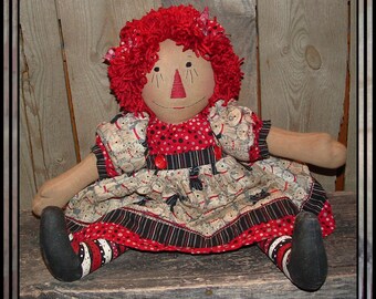 Primitive folk art hand embroidered raggedy doll hand painted legs yarn hair HAFAIR OFG cats red black