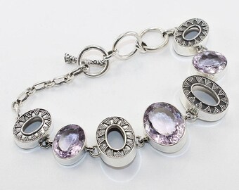 100% Solid 925 Sterling Silver Pink Amethyst Gemstone Handmade Jewelry Bracelet