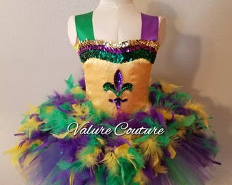 Mardi Gras Feather Fleur De Lis Carnival Inspired Tutu Dress Costume Infant Toddler Girls Baby Newborn Halloween Birthday Outfit