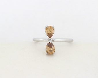 One of a Kind Champaign Pear Shape Diamond Two Stone Engagement Ring, Pear Shape Diamond Ring, Unique Pear Shape Diamond Engagement Ring